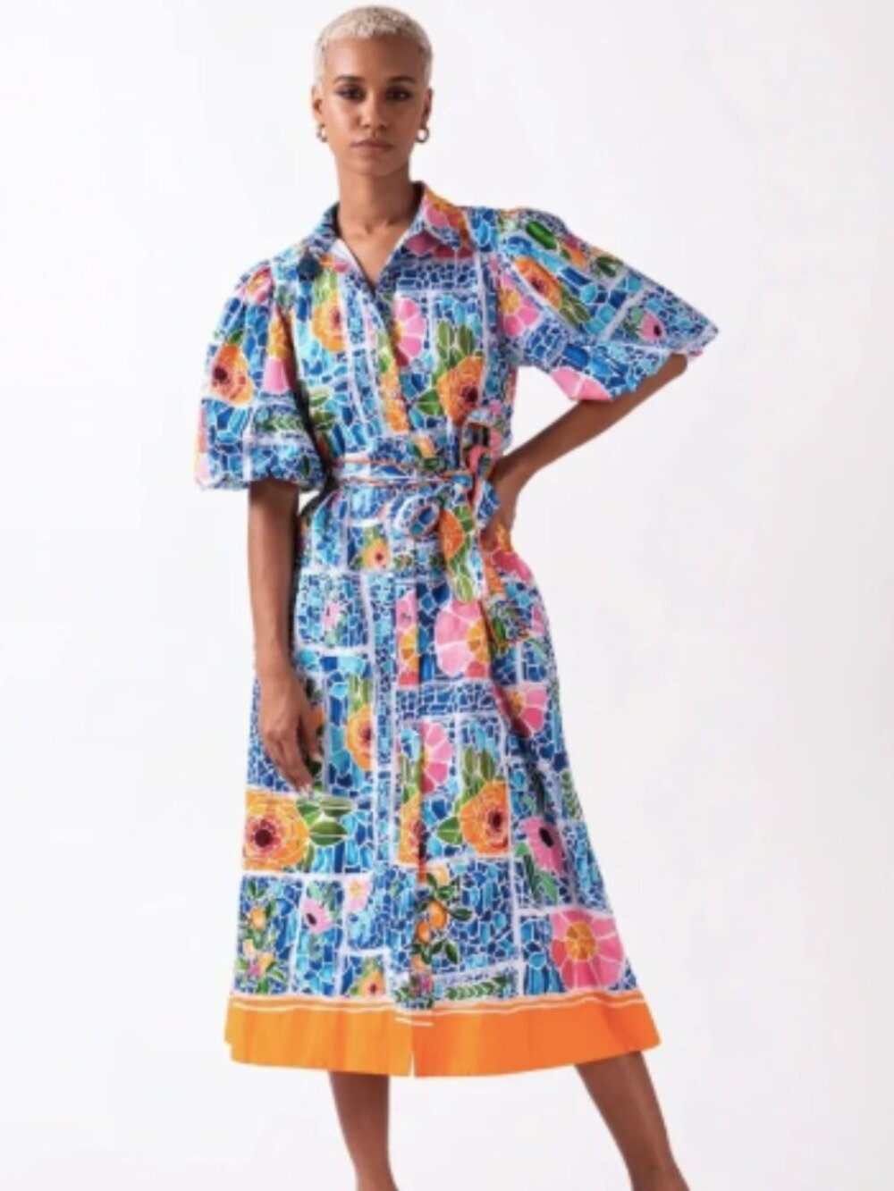 Celia Moon Alicia Midi Shirt Dress Balloon Sleeve Azura Blue Cotton Poplin XS